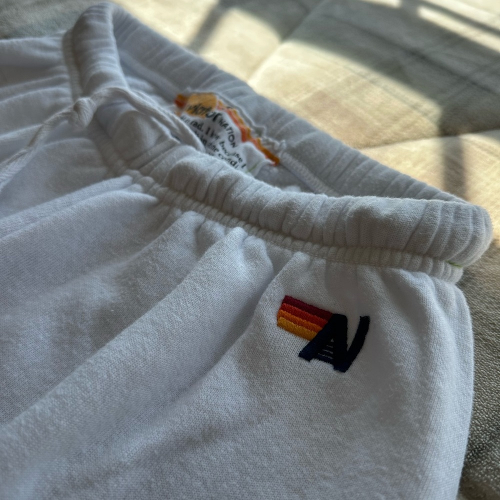 Aviator Nation White Terry Joggers with Rainbow Stripes on Leg - Picture 3 of 5